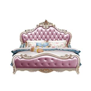 European style solid wood double bed. Genuine leather oak carved princess bed